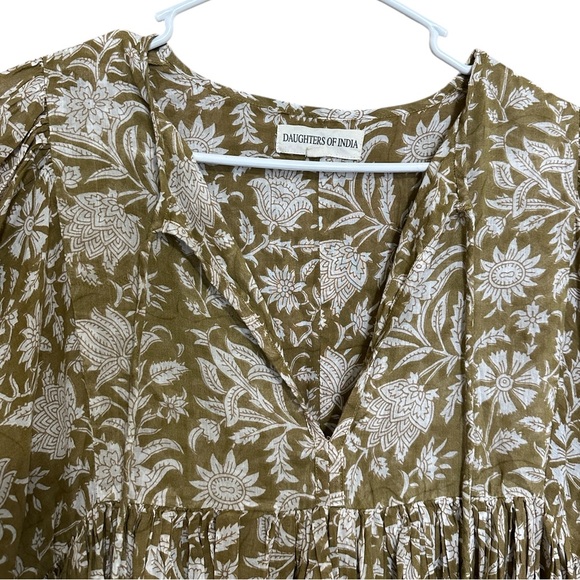 Daughters of India Kira Midi Dress 100% Cotton Boho Green Olive Floral Print  XL - Picture 7 of 13